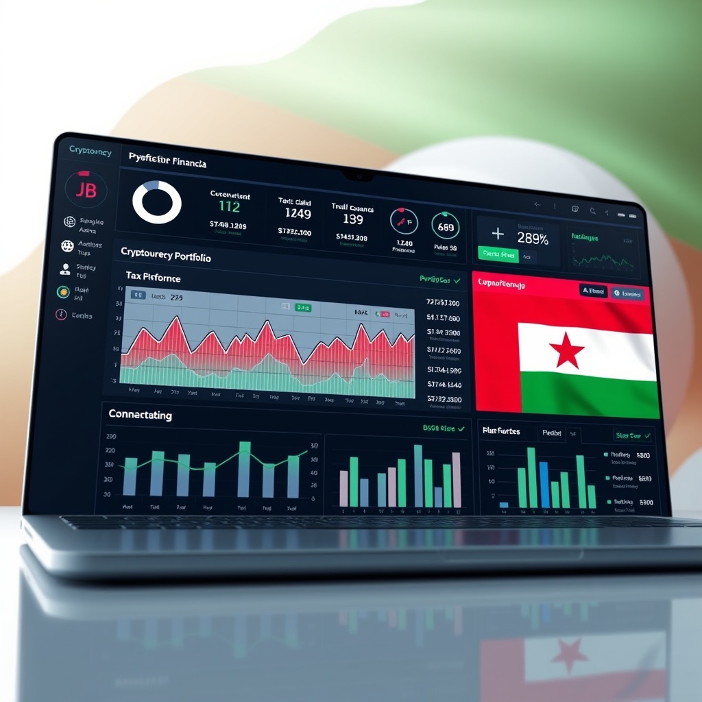 Professional stock photo of a modern financial dashboard displaying cryptocurrency portfolio performance charts, tax calculations, and income tracking metrics on a sleek digital interface with Jordanian flag elements subtly incorporated in the background
