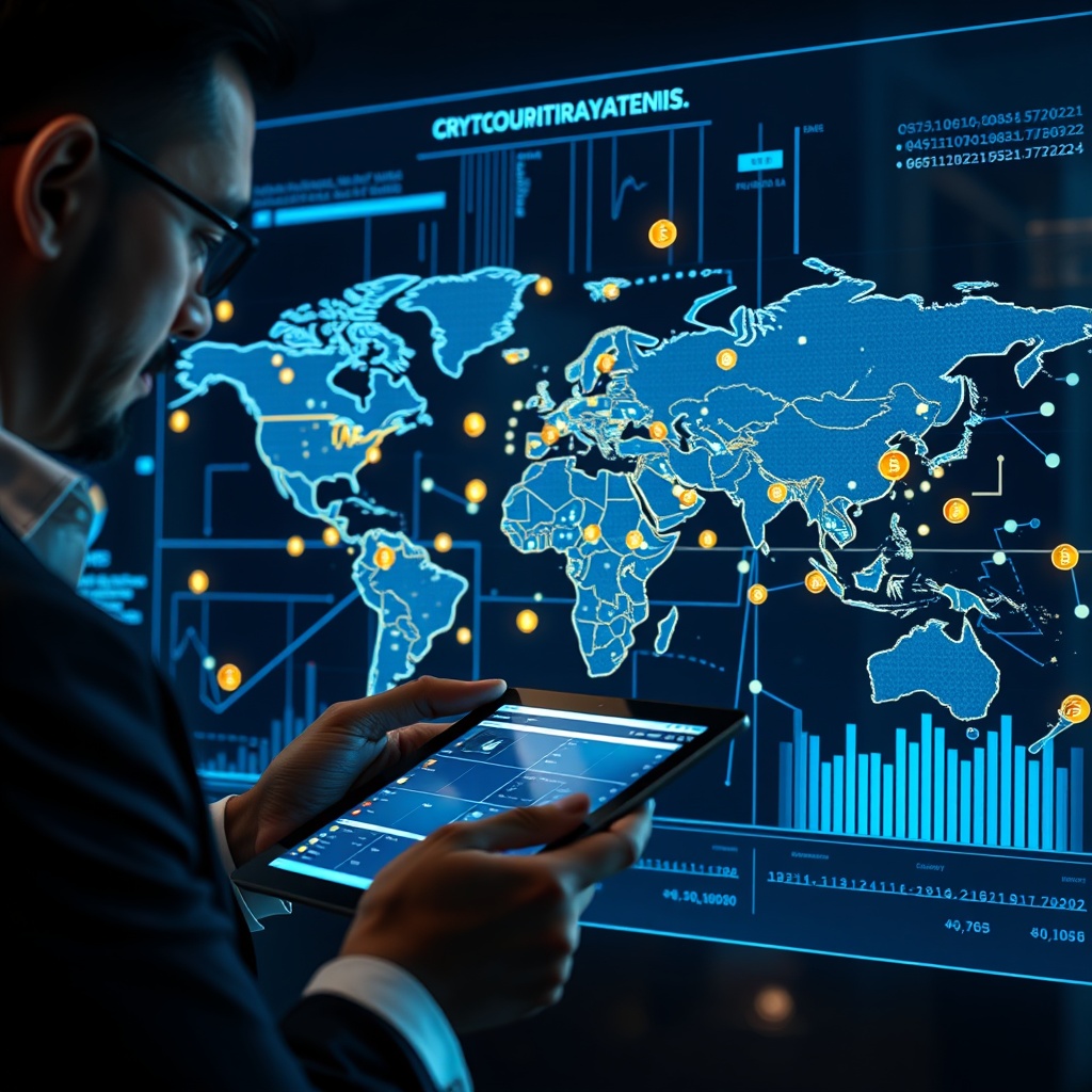 Professional stock photo of a global business executive reviewing international cryptocurrency transaction reports on a tablet, with world map visualization showing cross-border financial flows and digital currency exchange networks