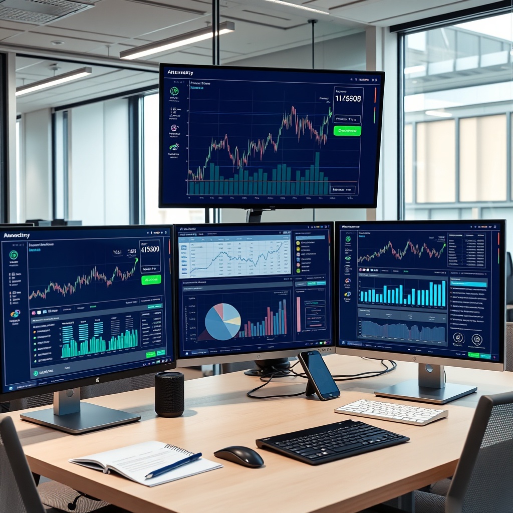 Professional stock photo of sophisticated tax software interface displaying automated cryptocurrency transaction tracking, blockchain analytics, and integrated accounting systems on multiple digital screens in a modern office setting