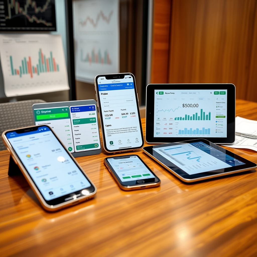 Professional stock photo of digital payment interfaces, mobile banking apps, and peer-to-peer lending platforms on modern smartphones and tablets arranged on a sleek office desk with financial charts in the background