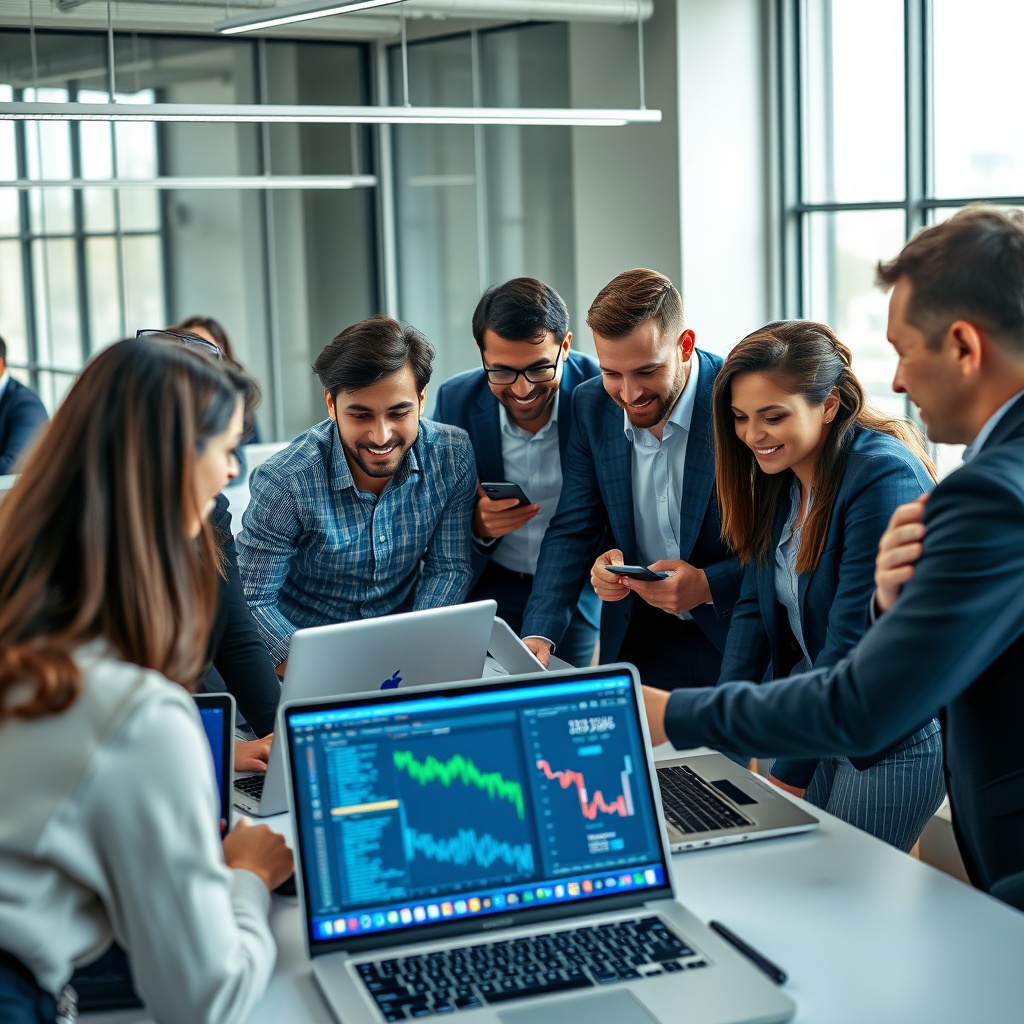 Professional stock photo of diverse fintech professionals collaborating in a modern training facility, with laptops displaying coding interfaces and financial data analytics dashboards