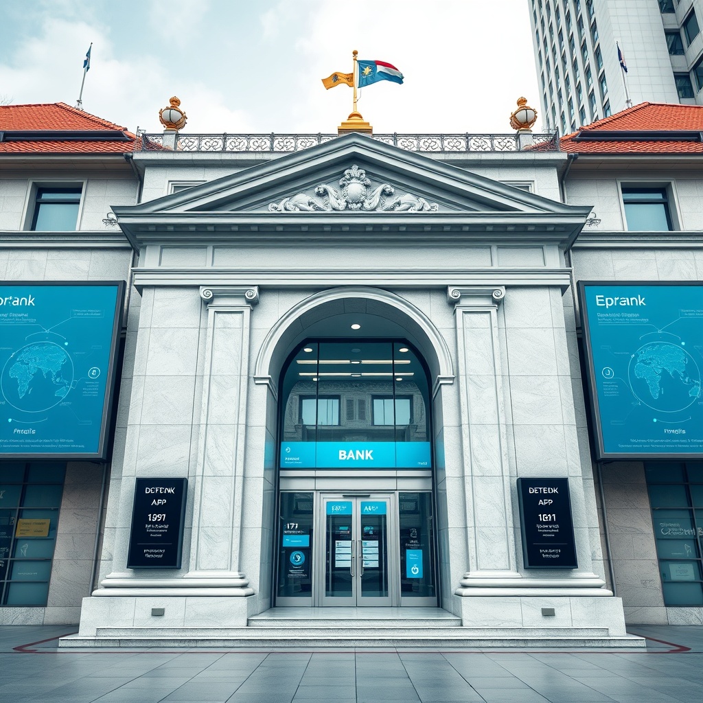 Professional stock photo of traditional bank architecture transitioning into digital interfaces, showing bank-fintech collaboration through API integrations and modern banking apps on digital screens