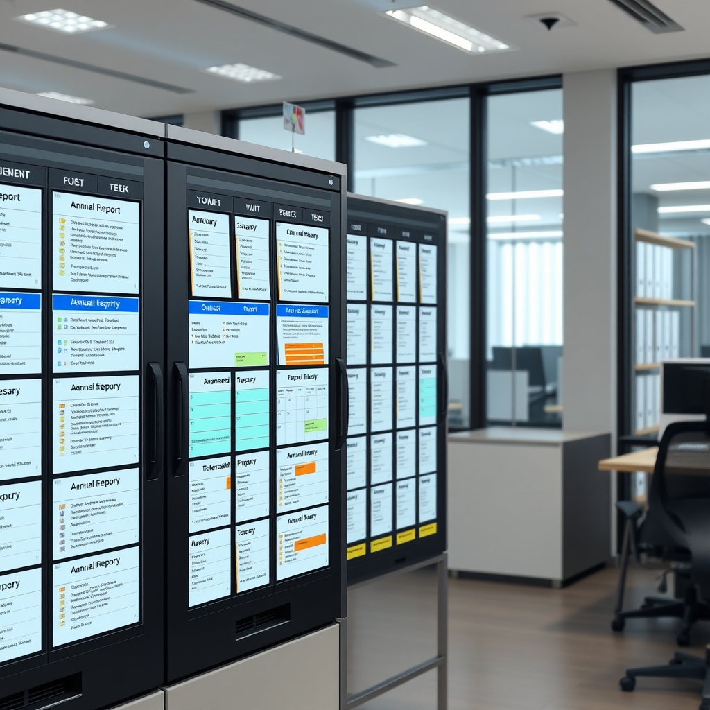 Professional stock photo of organized digital filing system with compliance calendar, showing annual report documents and tax declaration timelines in a modern office setting