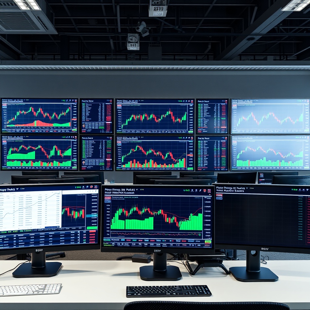 Professional stock photo of digital asset trading platform interface with cryptocurrency charts and transaction data displayed on multiple screens in a modern financial office setting