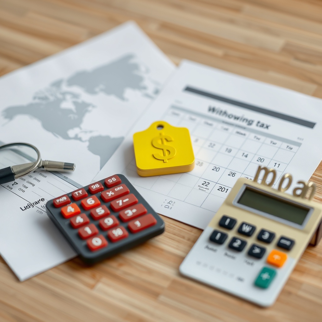 Professional stock photo of business documents with international payment symbols, calculator, and calendar showing deadlines, representing withholding tax compliance and cross-border transactions in corporate setting