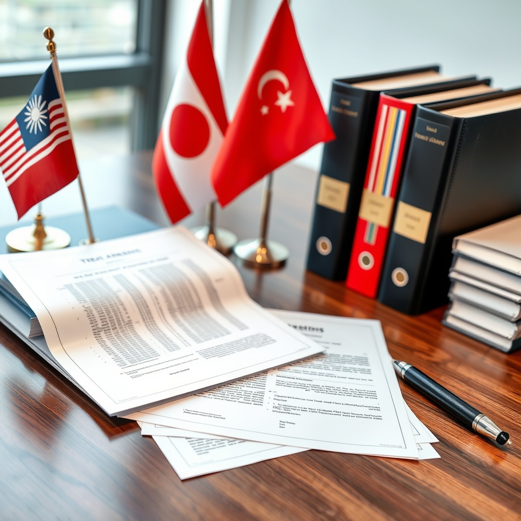 Professional stock photo of global business documents with treaty papers, international flags, and legal binders on modern desk, representing international tax agreements and cross-border tax planning