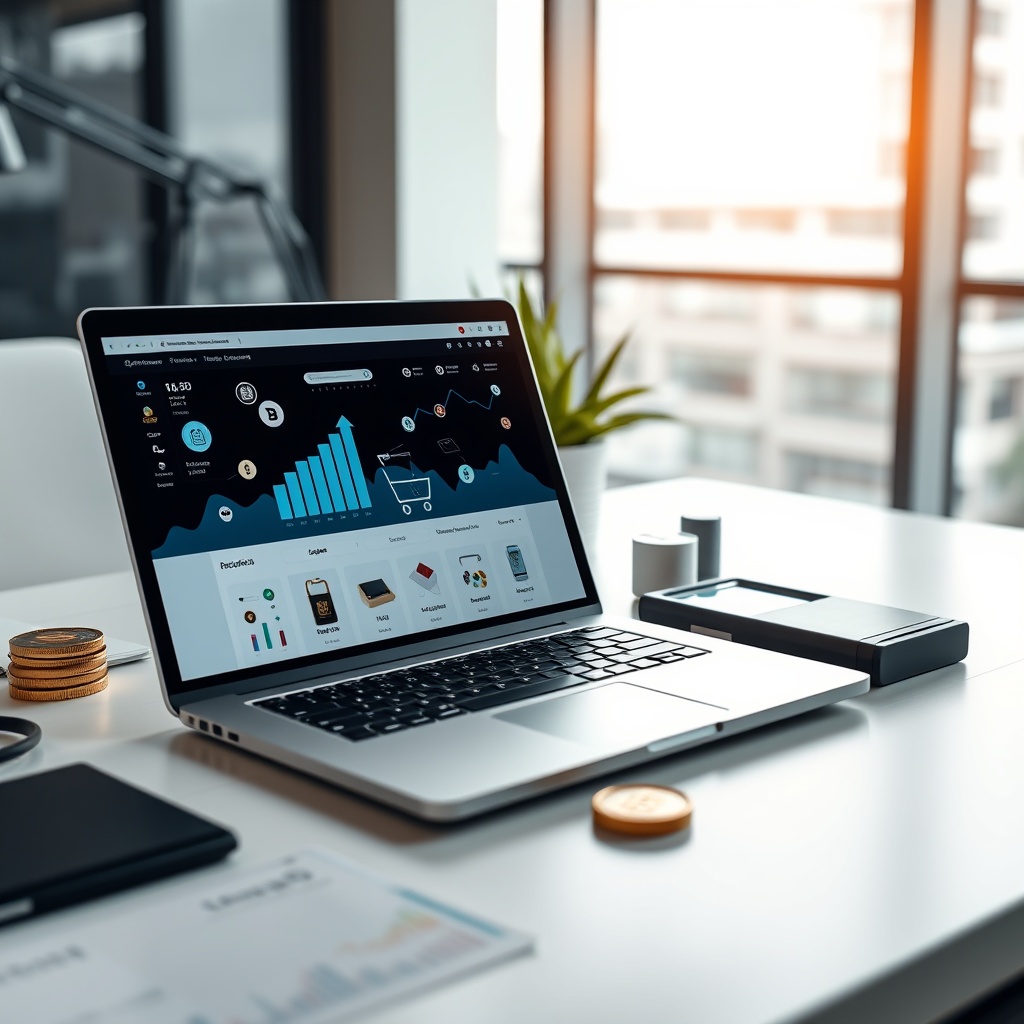Professional stock photo of digital business setup with laptop showing e-commerce interface, cryptocurrency symbols, and digital payment devices on modern workspace