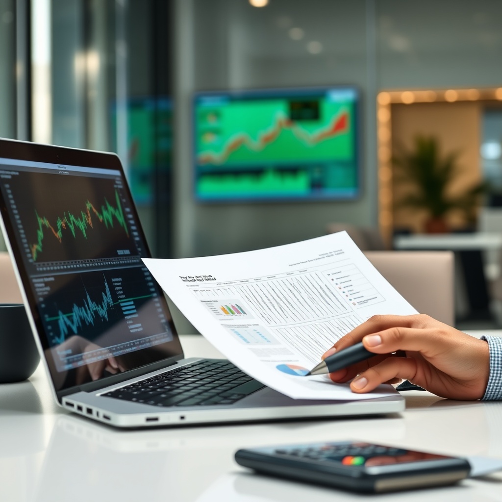 Professional stock photo of a person reviewing cryptocurrency tax documents on a laptop, with calculator and financial charts visible, set in a modern office environment in Kuwait