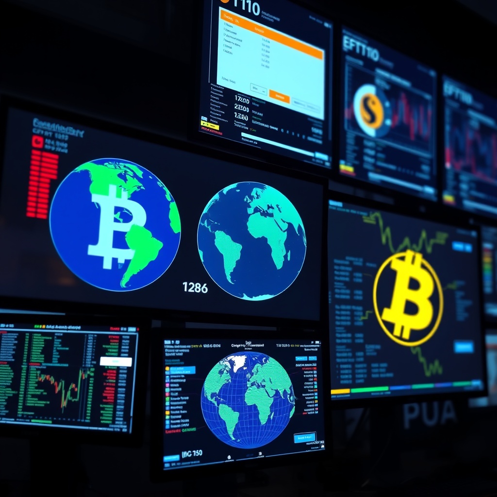 Professional stock photo of international cryptocurrency transactions displayed on multiple screens, with globe and currency symbols, representing cross-border crypto tax considerations