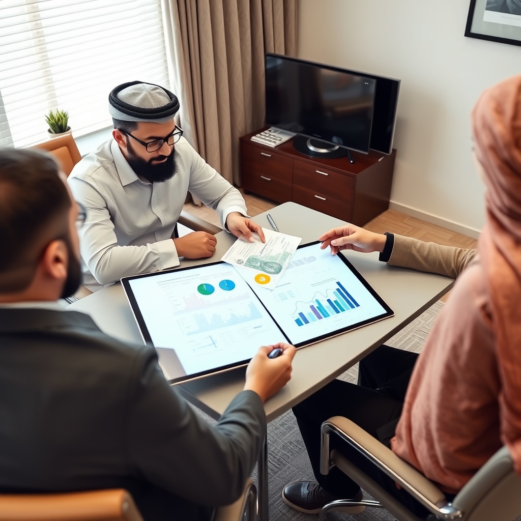 Professional stock photo of a business meeting between crypto investor and tax advisor, reviewing documents and digital portfolio on tablet, in a professional Kuwaiti office setting
