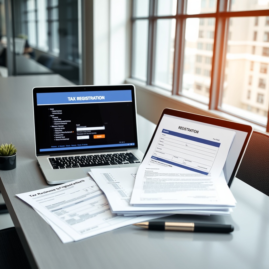 Professional stock photo of business registration documents and digital forms on a modern office desk with laptop showing tax registration interface, clean corporate background