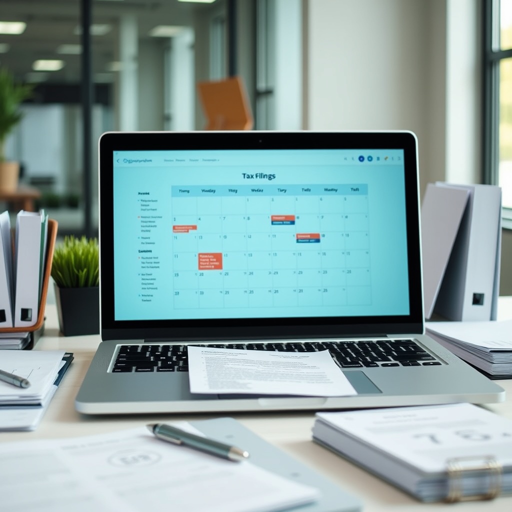 Professional stock photo of digital tax filing interface on modern laptop screen with calendar showing deadlines, clean office workspace with documents organized neatly