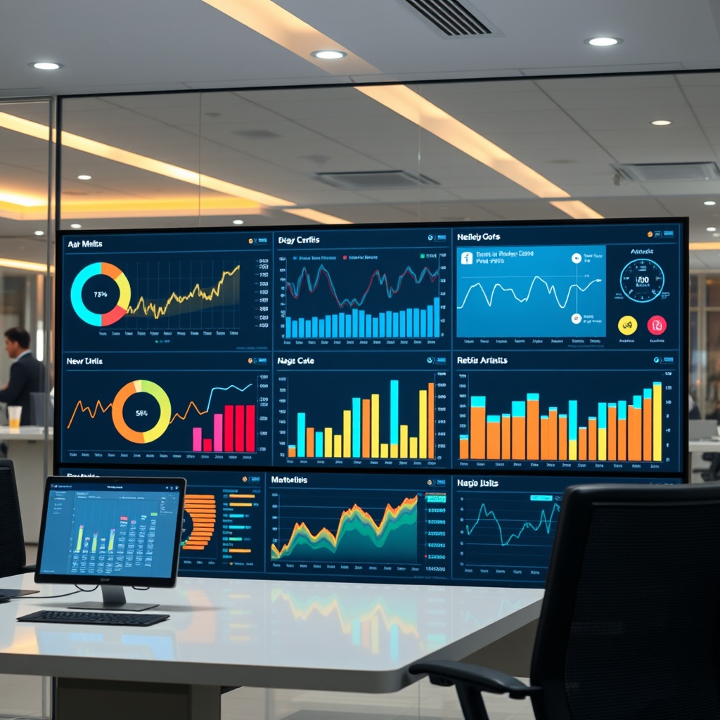 Professional stock photo of data analytics dashboard displaying banking metrics and customer behaviour patterns, with AI visualization tools and real-time analytics in a modern Kuwaiti financial institution office