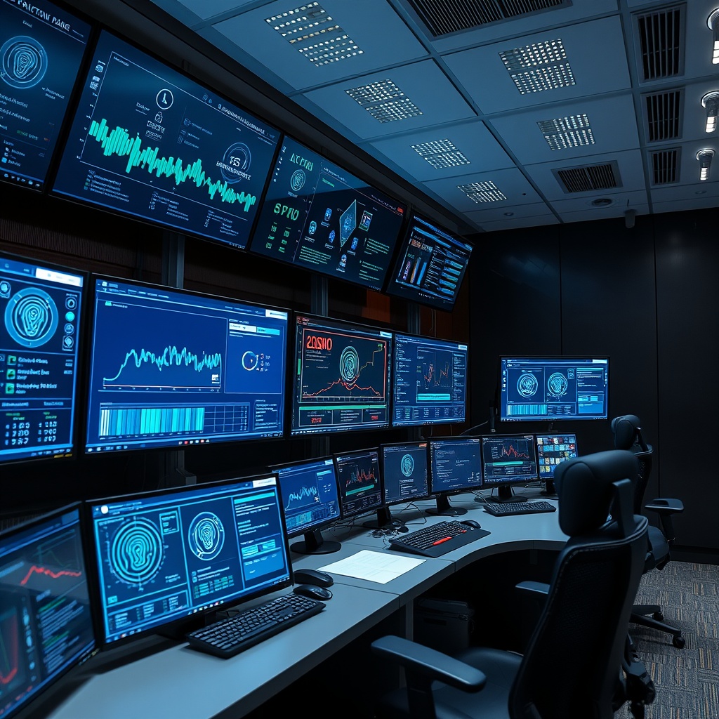 Professional stock photo of advanced cybersecurity operations center with multiple monitors displaying blockchain analytics, AI algorithms, and biometric authentication interfaces in a high-tech security environment