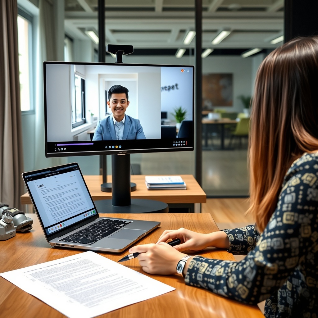 Professional stock photo of a freelancer in Laos discussing contract terms with a client via video call, showing professional office background and legal documents on desk, collaborative business atmosphere
