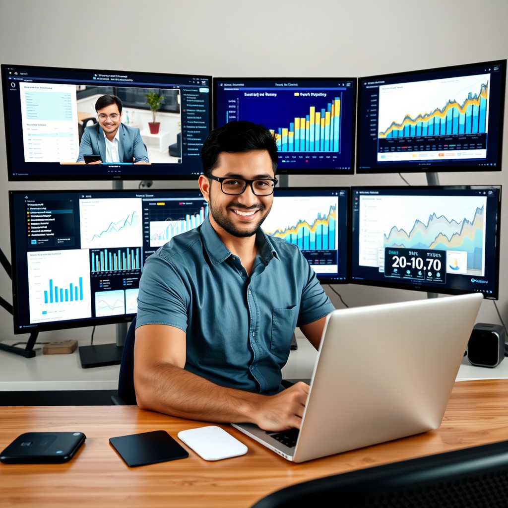 Professional stock photo of a successful freelancer in Laos managing a small remote team on multiple screens, showing business growth charts and strategic planning documents, modern workspace setting