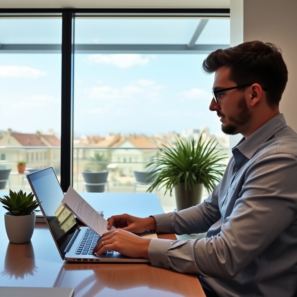 Professional stock photo of a freelancer reviewing social security documents on a laptop in a modern Maltese office setting with Mediterranean architecture visible through the window