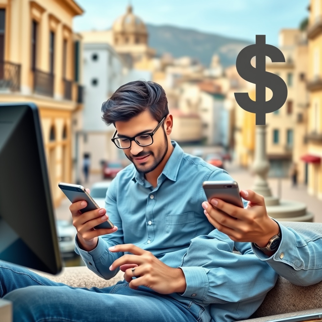 High-quality stock photo of a freelancer using digital banking apps on multiple devices with Maltese financial district background and currency symbols subtly incorporated