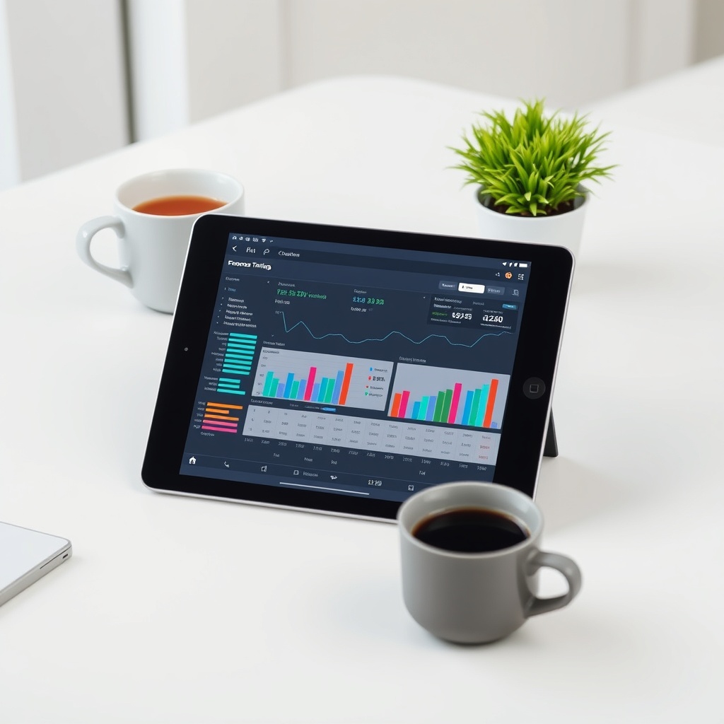 Professional stock photo of a modern digital tablet displaying financial charts and expense tracking software on a clean workspace with a coffee cup, representing financial record-keeping best practices for freelancers