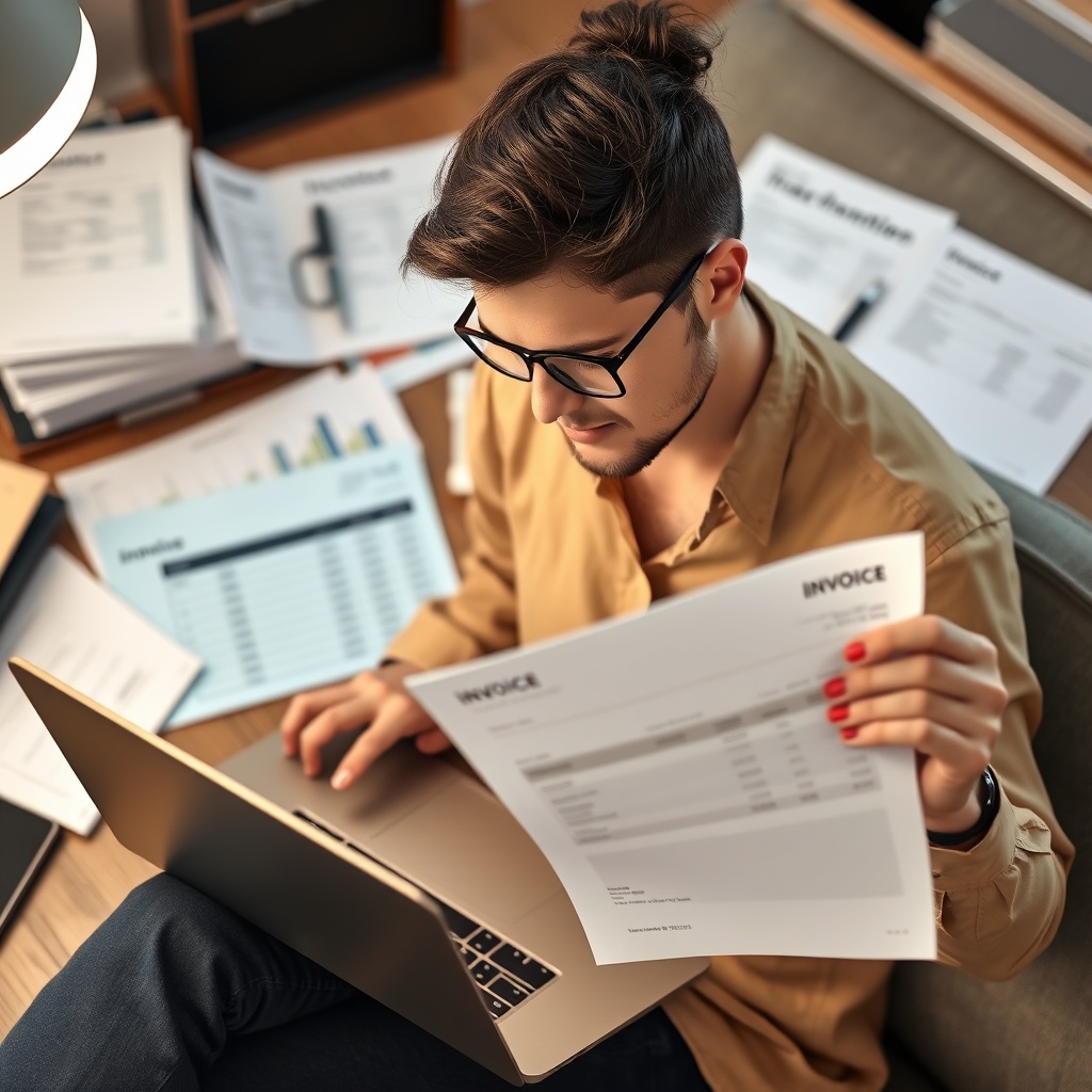 Professional stock photo of a freelancer reviewing payment tracking software on a laptop while holding a printed invoice, with organized financial documents in the background