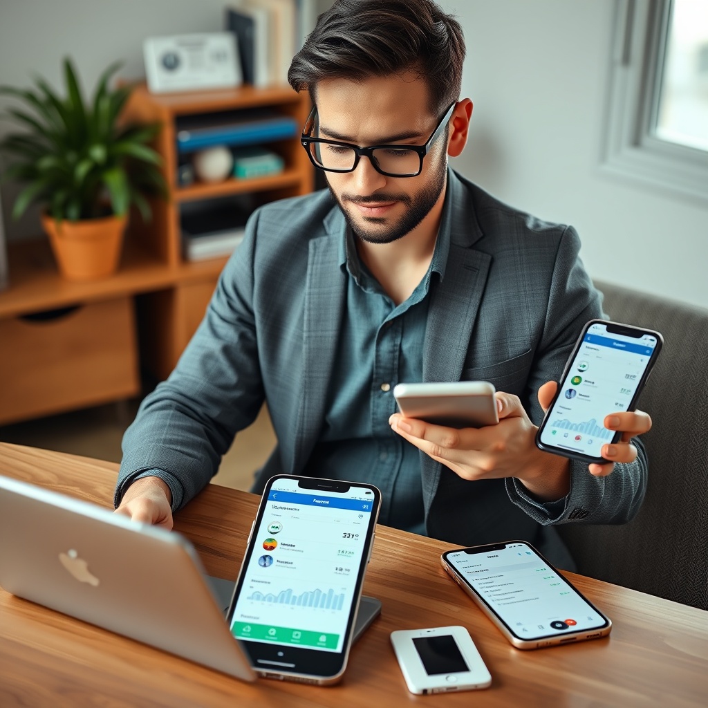 Professional stock photo of a freelancer using multiple digital financial tools including mobile banking apps, accounting software, and international payment platforms on various devices