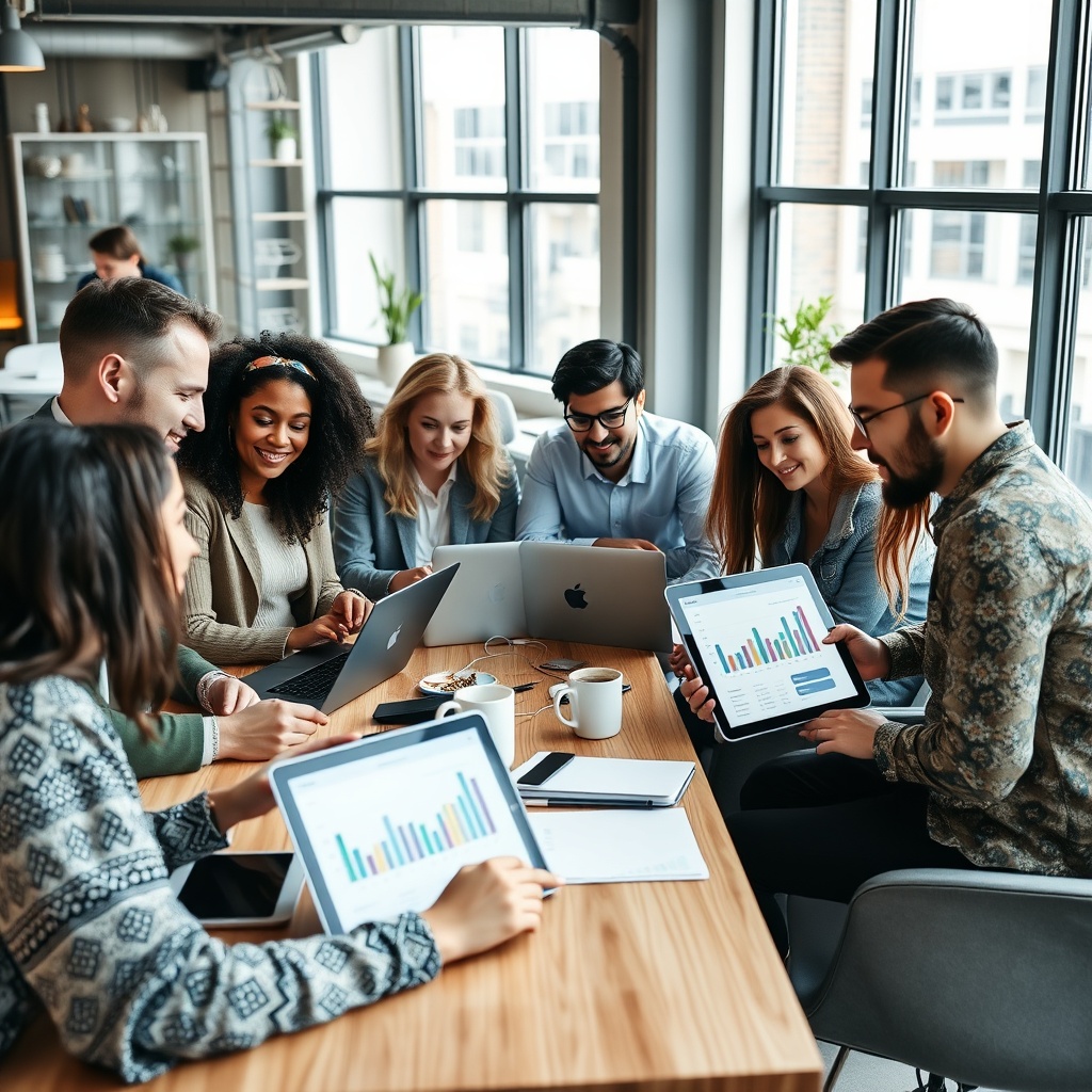 Stock photo of a diverse group of freelancers collaborating in a modern co-working space, with laptops, tablets showing investment portfolios and retirement planning charts, natural lighting and professional business environment