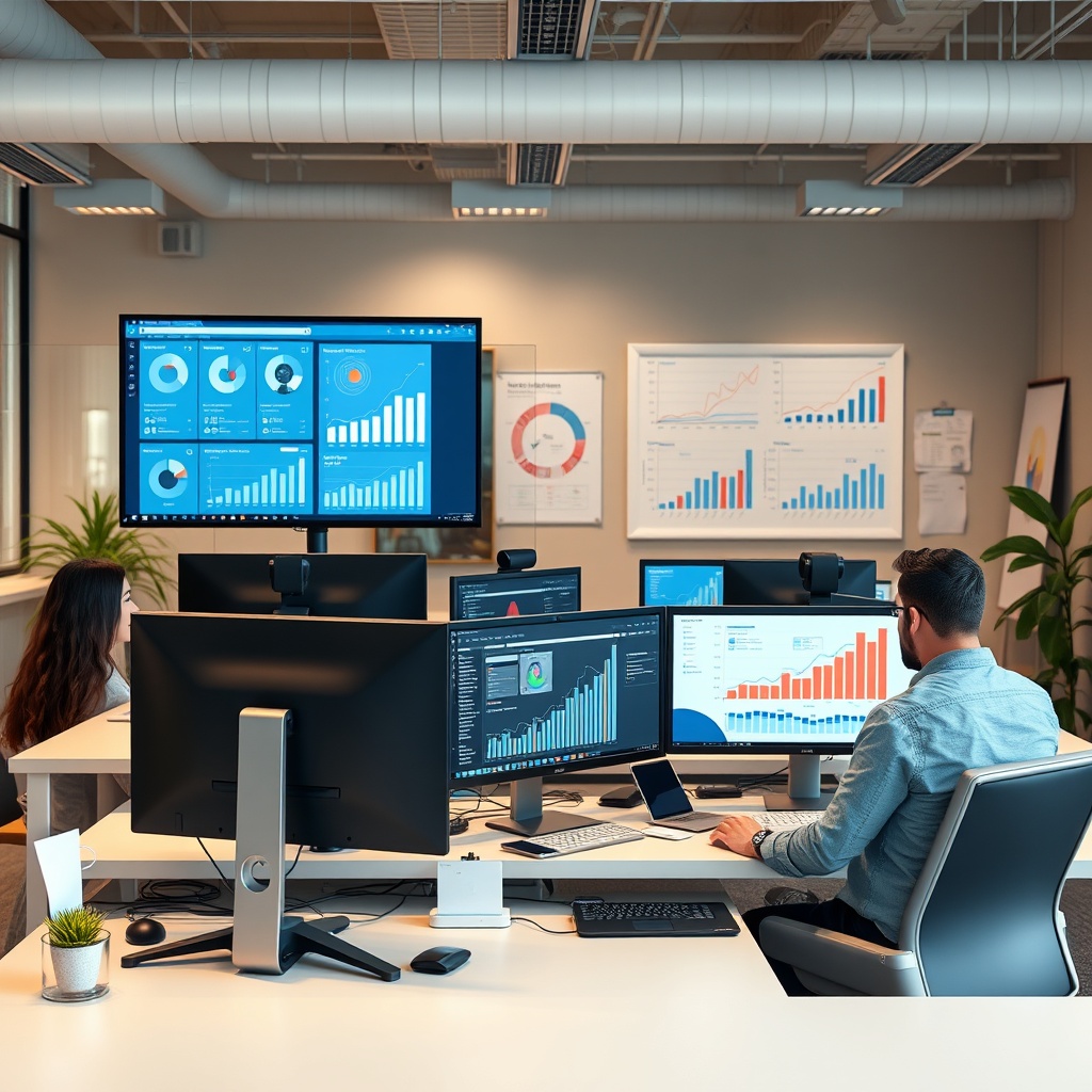 Professional stock photo of a growing freelance business setup with multiple workstations, team collaboration on digital screens showing project management tools and financial growth charts, modern office environment with strategic planning boards
