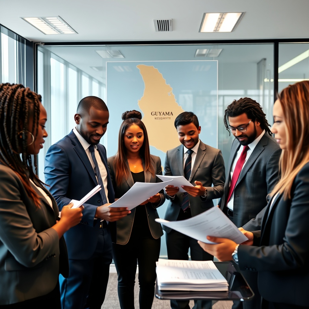 Professional stock photo of a diverse group of expatriates in business attire reviewing tax documents and residency paperwork in a modern office setting with a Guyana map in the background
