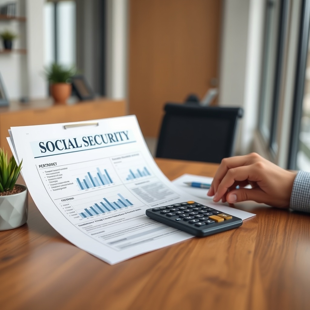 Professional stock photo showing social security and retirement planning documents with calculator and financial charts, modern office setting with clean composition
