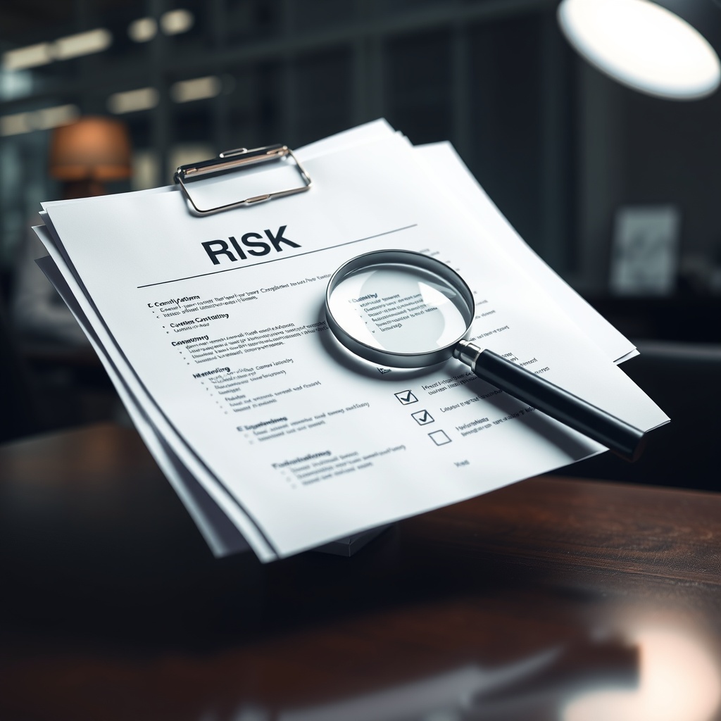 Professional stock photo of risk management and compliance documents with magnifying glass and checklist, business office environment with professional lighting