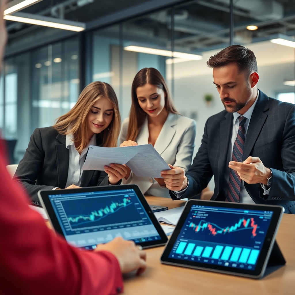 Professional stock photo of a modern office setting with business professionals reviewing financial documents and digital tablets displaying cryptocurrency charts, representing income tax considerations for crypto activities