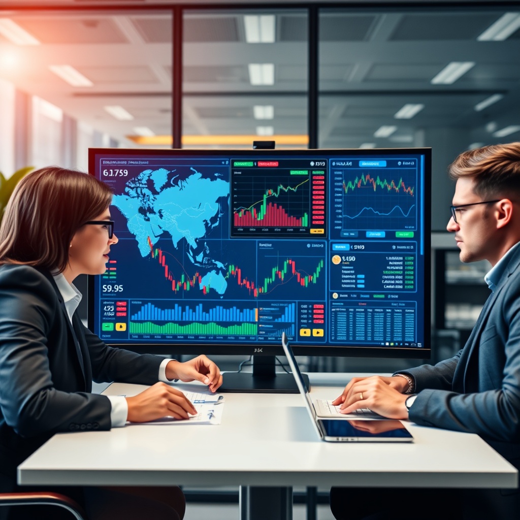 High-quality stock image of international business professionals collaborating across digital screens showing global financial markets and cryptocurrency exchange interfaces, symbolizing international tax considerations