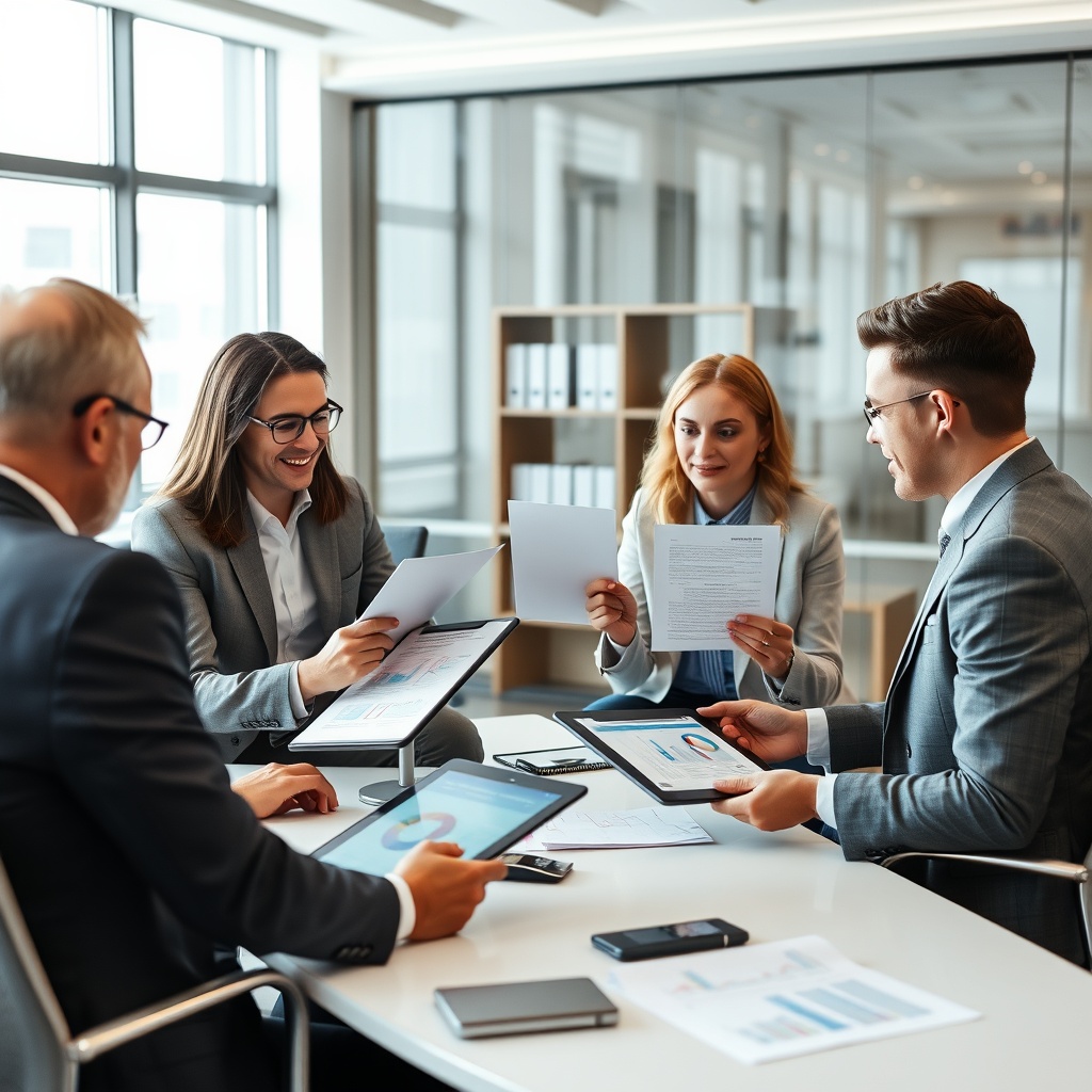 Professional stock photo of a business consultant meeting with clients in a modern office, reviewing financial documents and digital portfolios on tablets, representing professional tax advisory services