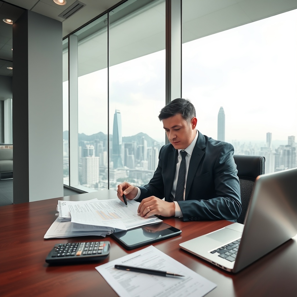 Professional business executive reviewing financial documents and tax forms on a modern desk with calculator and laptop, Hong Kong skyline visible through office window