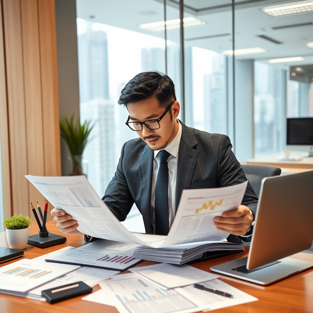 Business owner analyzing tax deduction opportunities with spreadsheets and financial records in a contemporary Hong Kong office setting