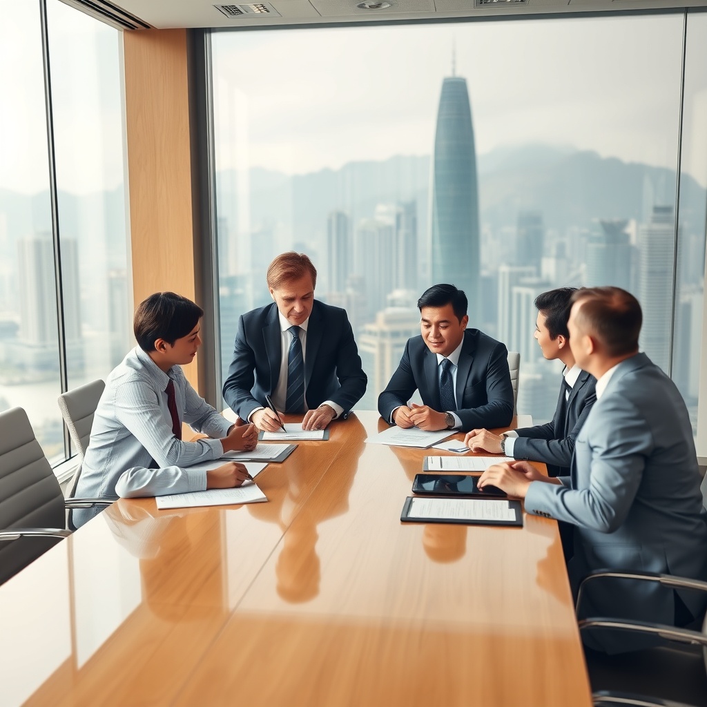 Strategic business planning session with tax professionals discussing optimization strategies around a conference table with Hong Kong financial district backdrop