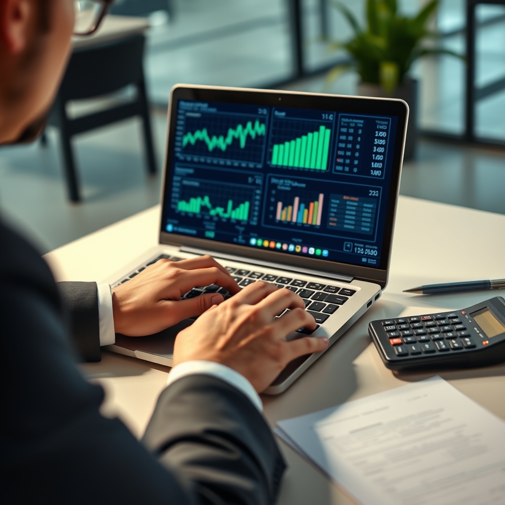 Professional business person calculating profits on a modern laptop with financial charts and spreadsheets displayed on screen, clean office background with calculator and documents nearby