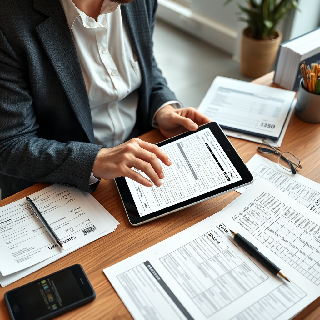 Business professional completing tax forms on a tablet with organized financial documents and receipts arranged neatly on a desk, modern office setting