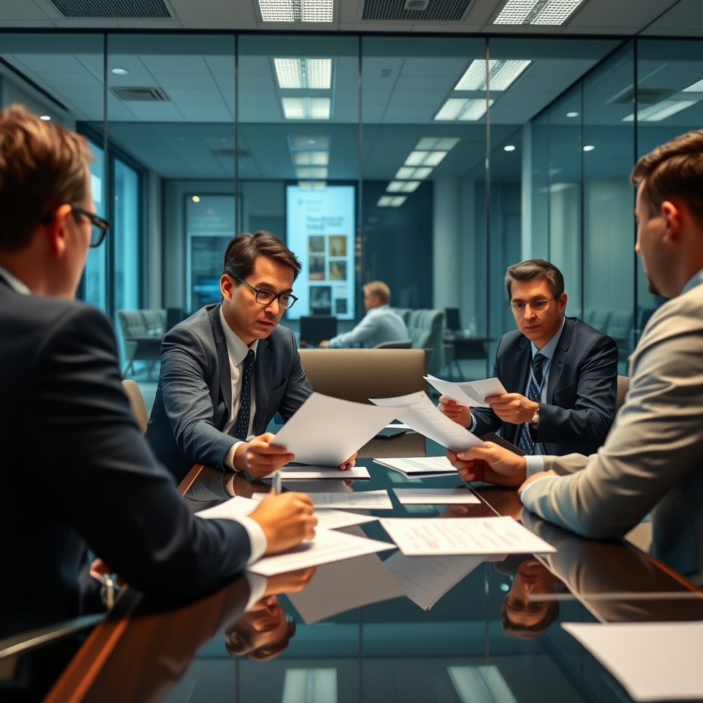 Serious business meeting with tax professionals reviewing audit documents and financial records in a corporate conference room setting