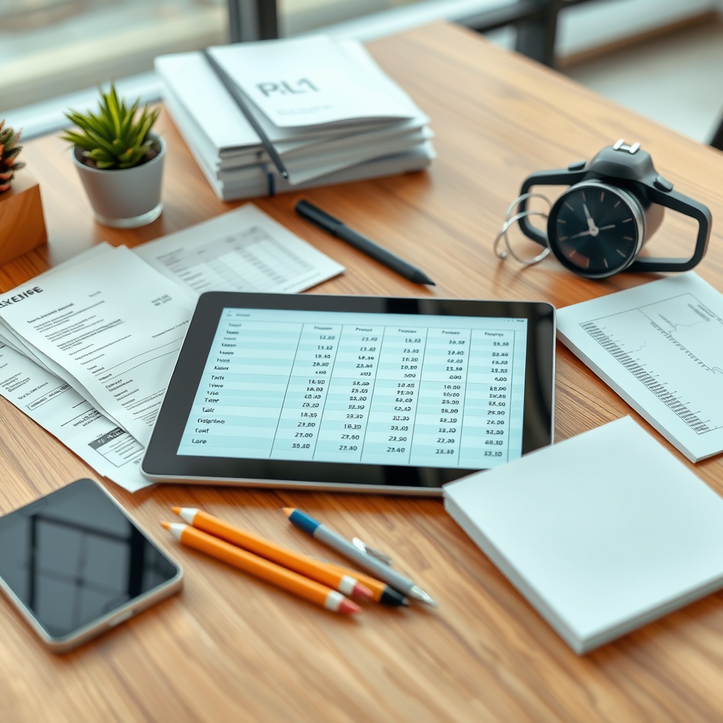 Professional stock photo of organized business receipts, expense tracking spreadsheet on a tablet, and office supplies arranged neatly on a contemporary workspace