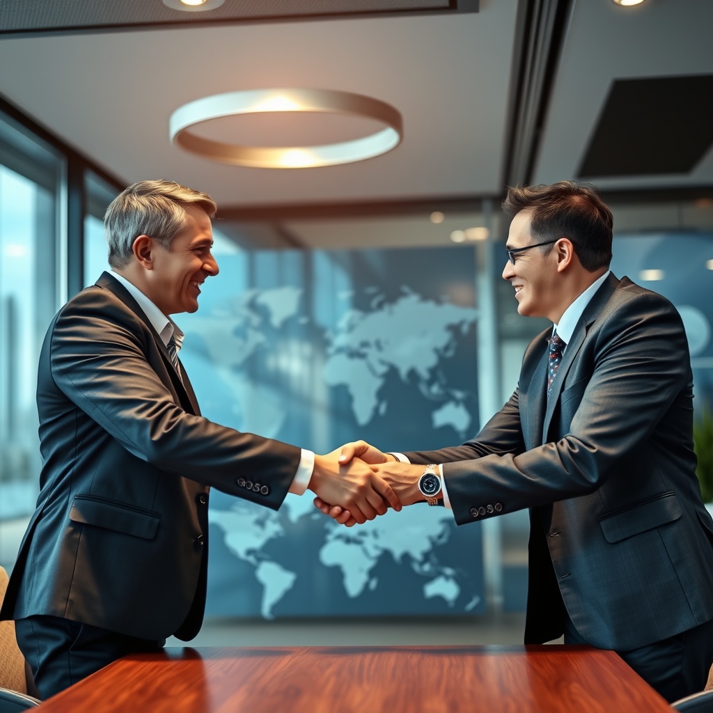 Corporate executives shaking hands during partnership agreement signing ceremony, with modern office interior and global business imagery, representing market entry strategies and foreign reinsurer operations