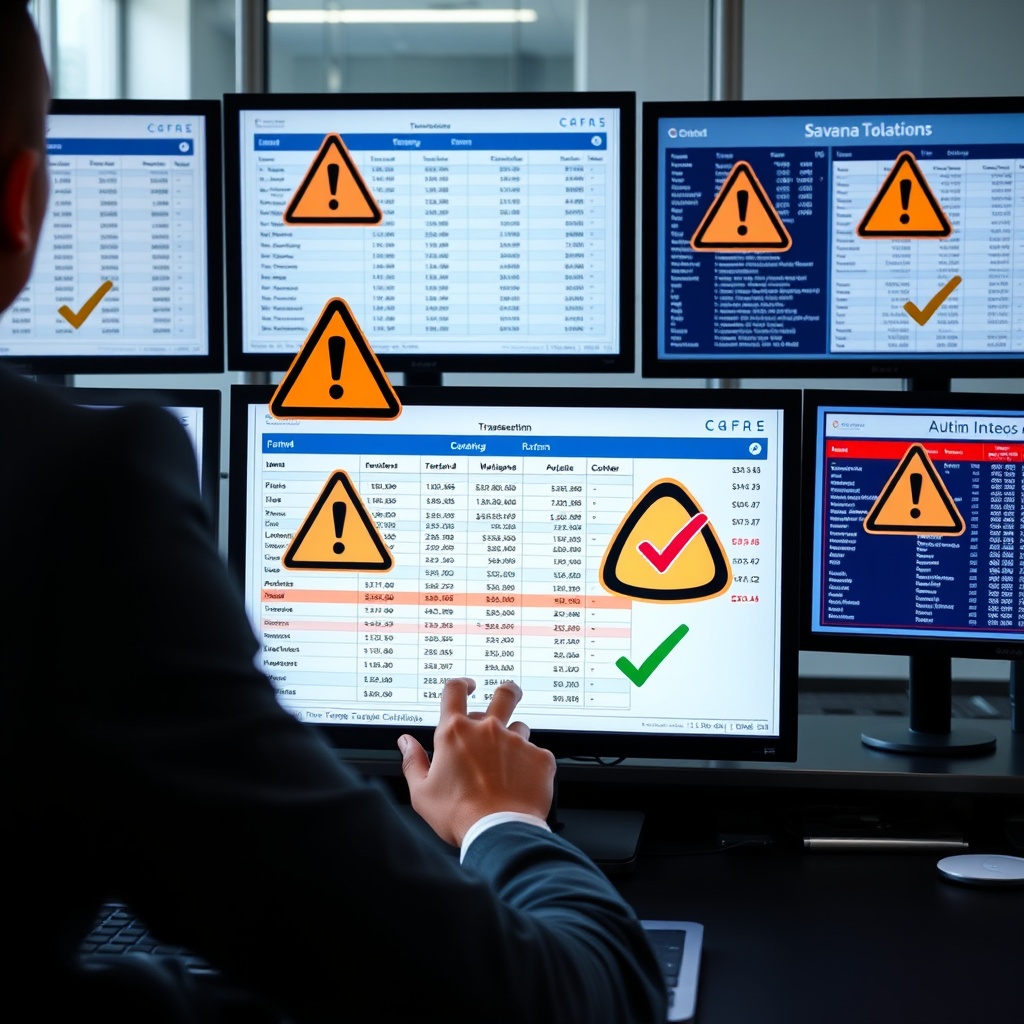 Professional stock photo of a business person reviewing transaction records on multiple screens with warning symbols and compliance checkmarks, representing common tax mistakes and avoidance strategies