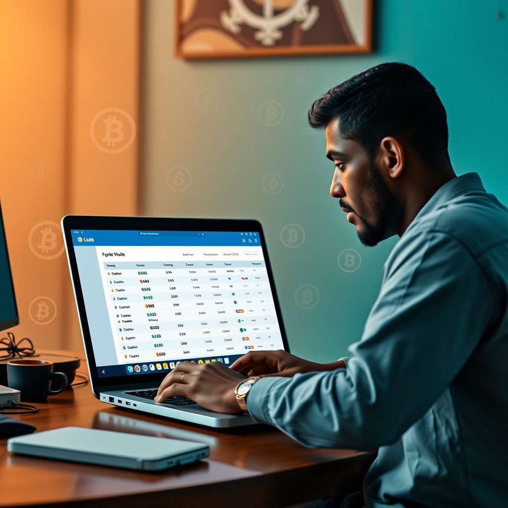 Professional stock photo of a Cuban freelancer using a laptop with cryptocurrency wallet interface visible, international payment platforms shown on screen, various currency symbols subtly incorporated in background