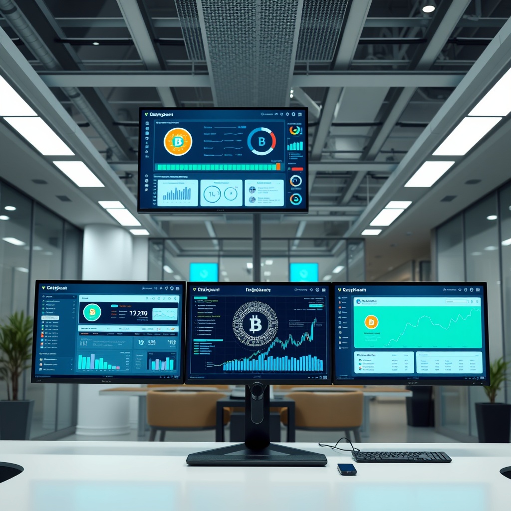 Professional stock photo of modern fintech dashboard showing digital banking, blockchain technology, and insurance platform interfaces on multiple screens in a sleek office environment
