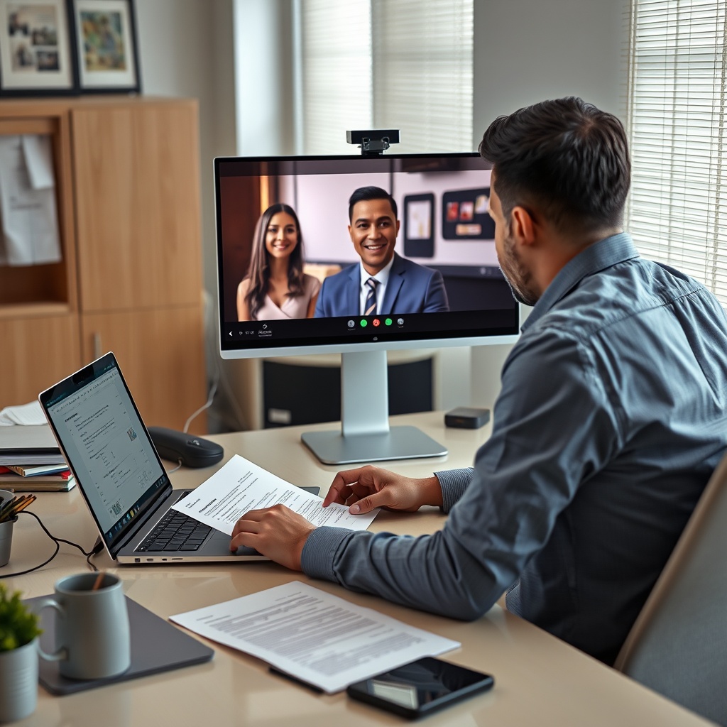 Professional stock photo of a Cuban freelancer discussing payment terms with international client via video call, contract documents visible on desk, professional office setting with subtle financial elements