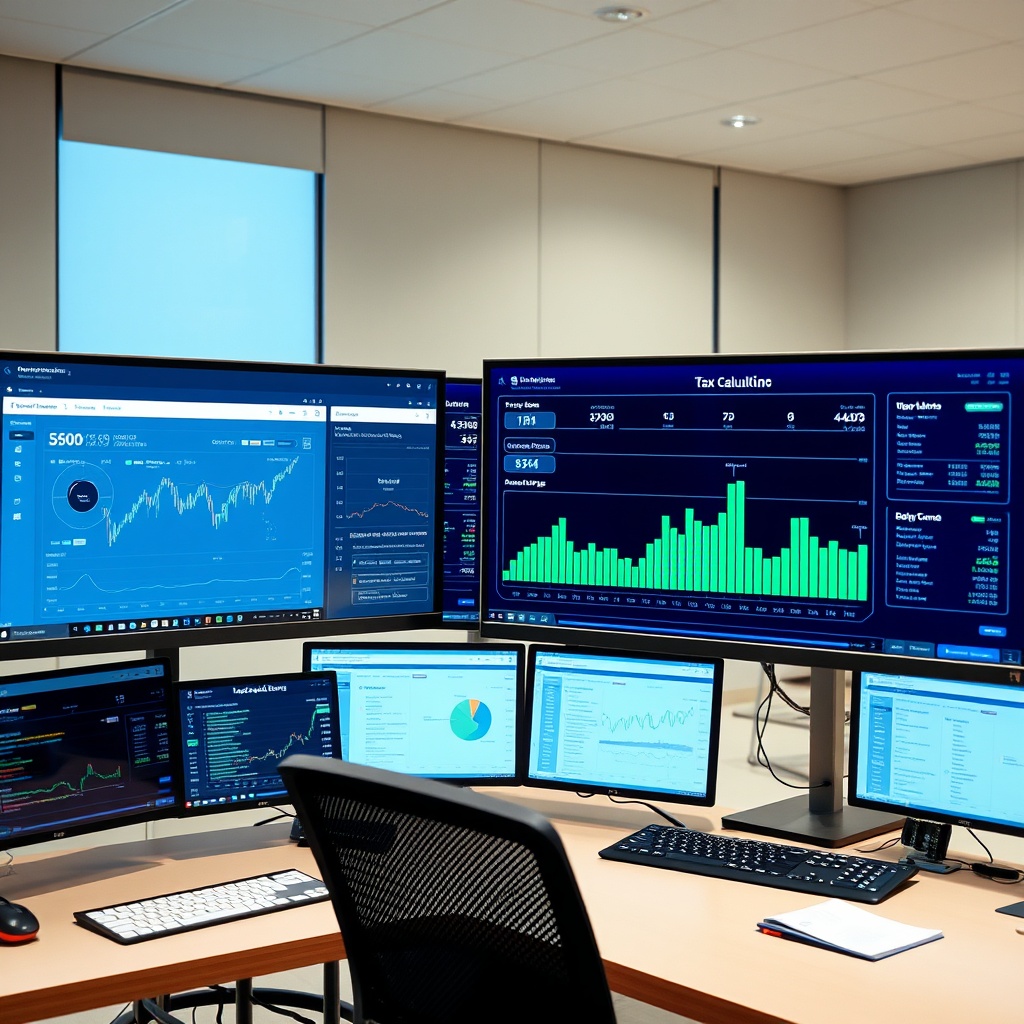 Professional stock photo of advanced financial technology interface showing real-time crypto portfolio analytics, tax calculation software, and blockchain monitoring tools on high-resolution screens in a professional workspace