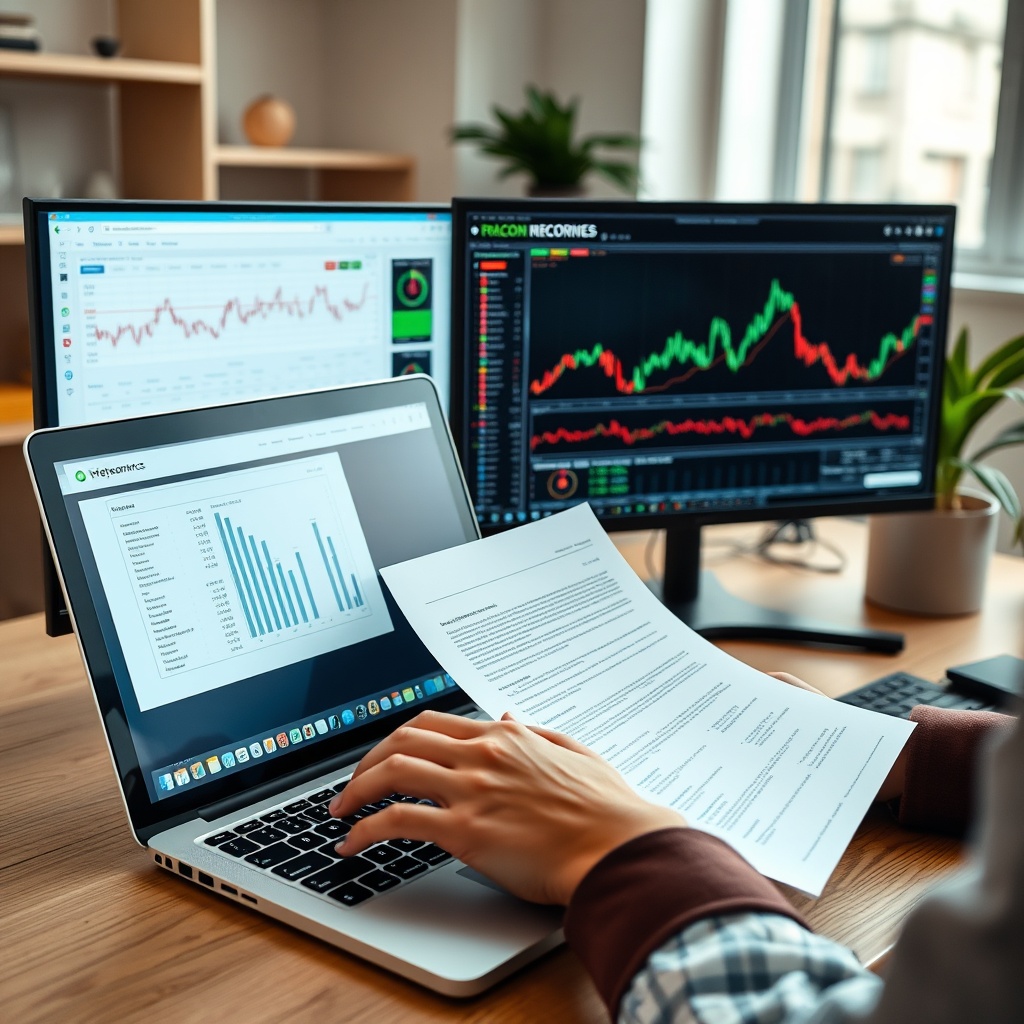 Professional stock photo of a person organizing digital documents and financial records on a laptop, with cryptocurrency charts visible on a second screen, in a modern home office setting.