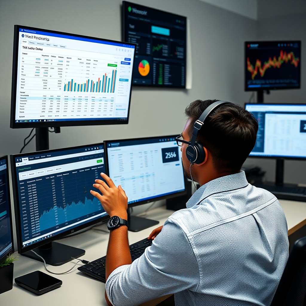 Professional stock photo of a person using multiple monitors displaying cryptocurrency portfolio tracking software and tax calculation tools, with a clean, organized workspace.