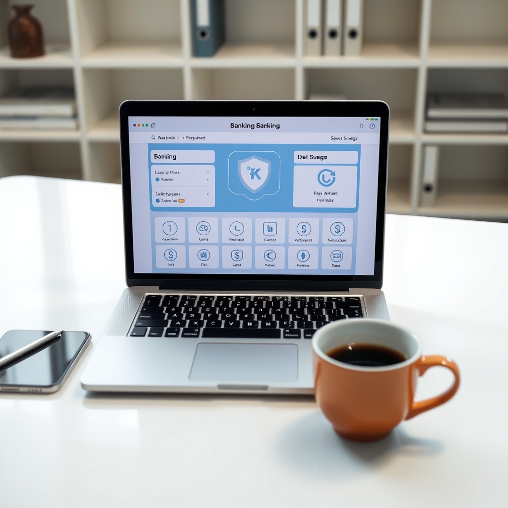 Professional stock photo of a modern laptop displaying a digital banking interface with international currency symbols and secure payment icons, set on a clean desk with a cup of coffee, representing banking and payment solutions for freelancers.