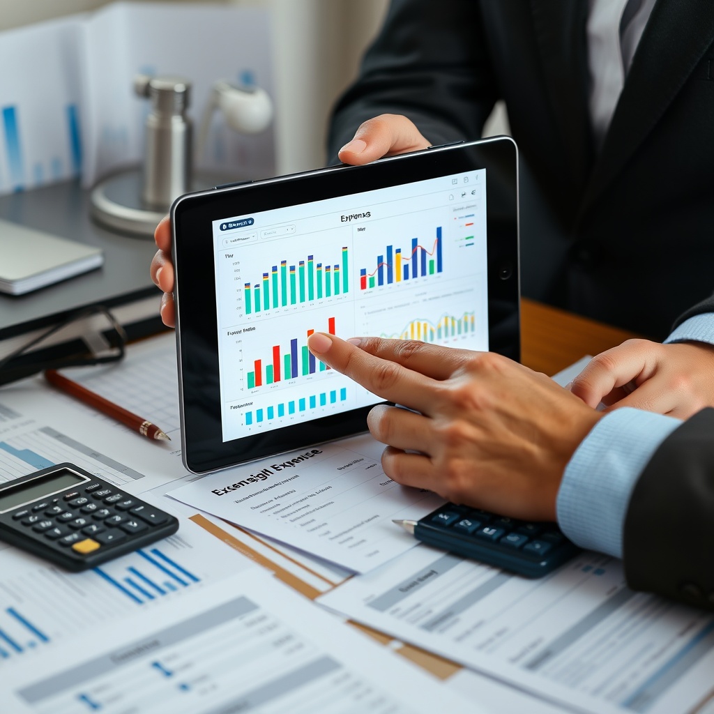 Professional stock photo of a person using a tablet to track expenses with colorful charts and graphs visible on screen, surrounded by organized financial documents and a calculator, representing budgeting and cash flow management.